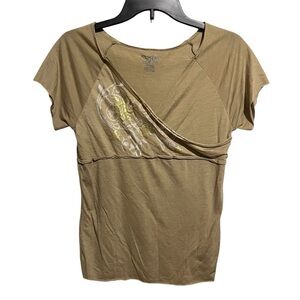 Reebok Women's Faux Wrap Short Sleeve T-Shirt Size Medium M Tan Gold